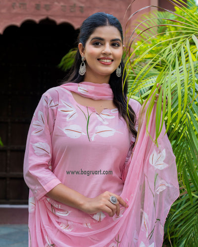 Soft Pink Floral Handpaint Cotton Suit with Chiffon Dupatta ( SC1857 )