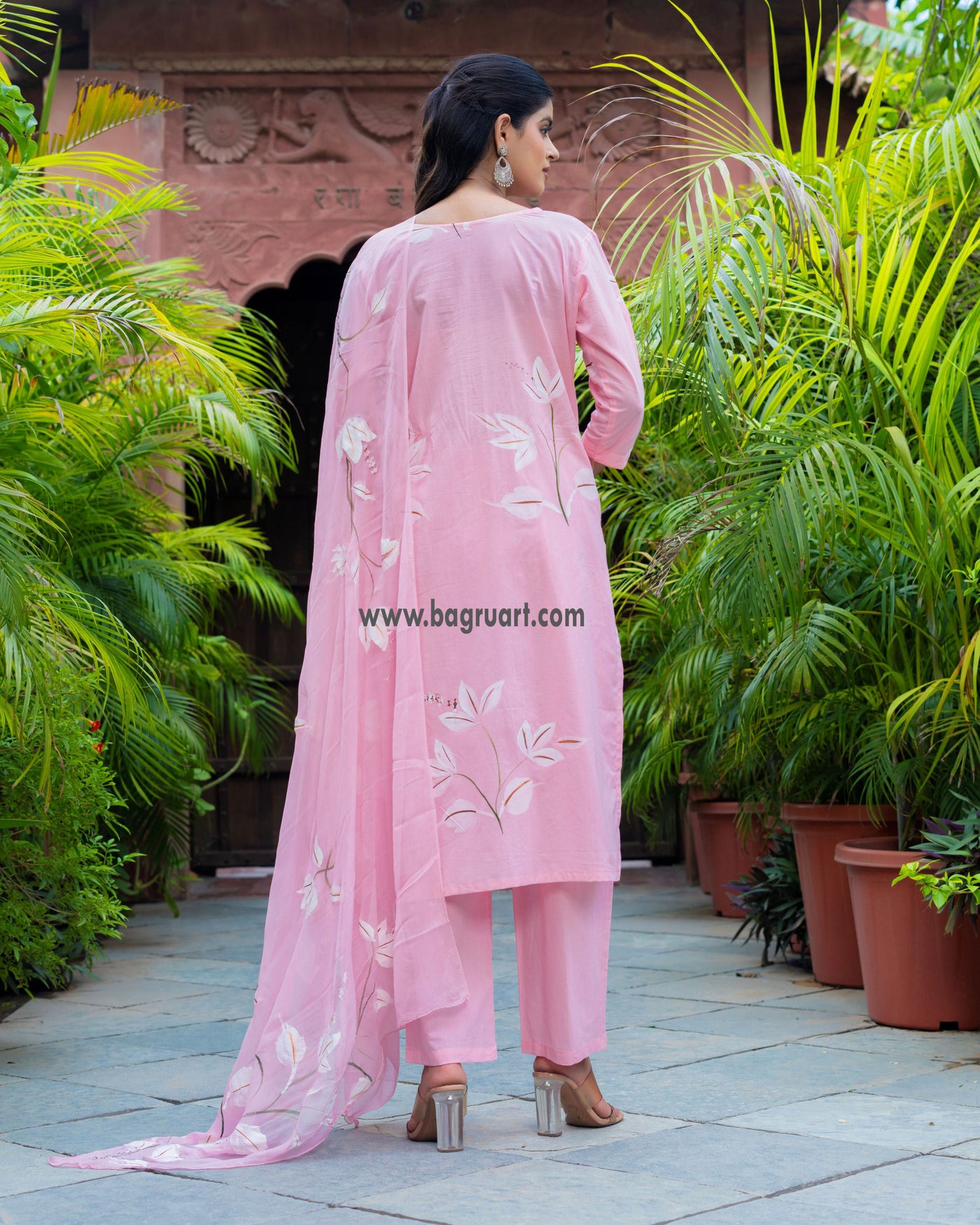 Soft Pink Floral Handpaint Cotton Suit with Chiffon Dupatta ( SC1857 )