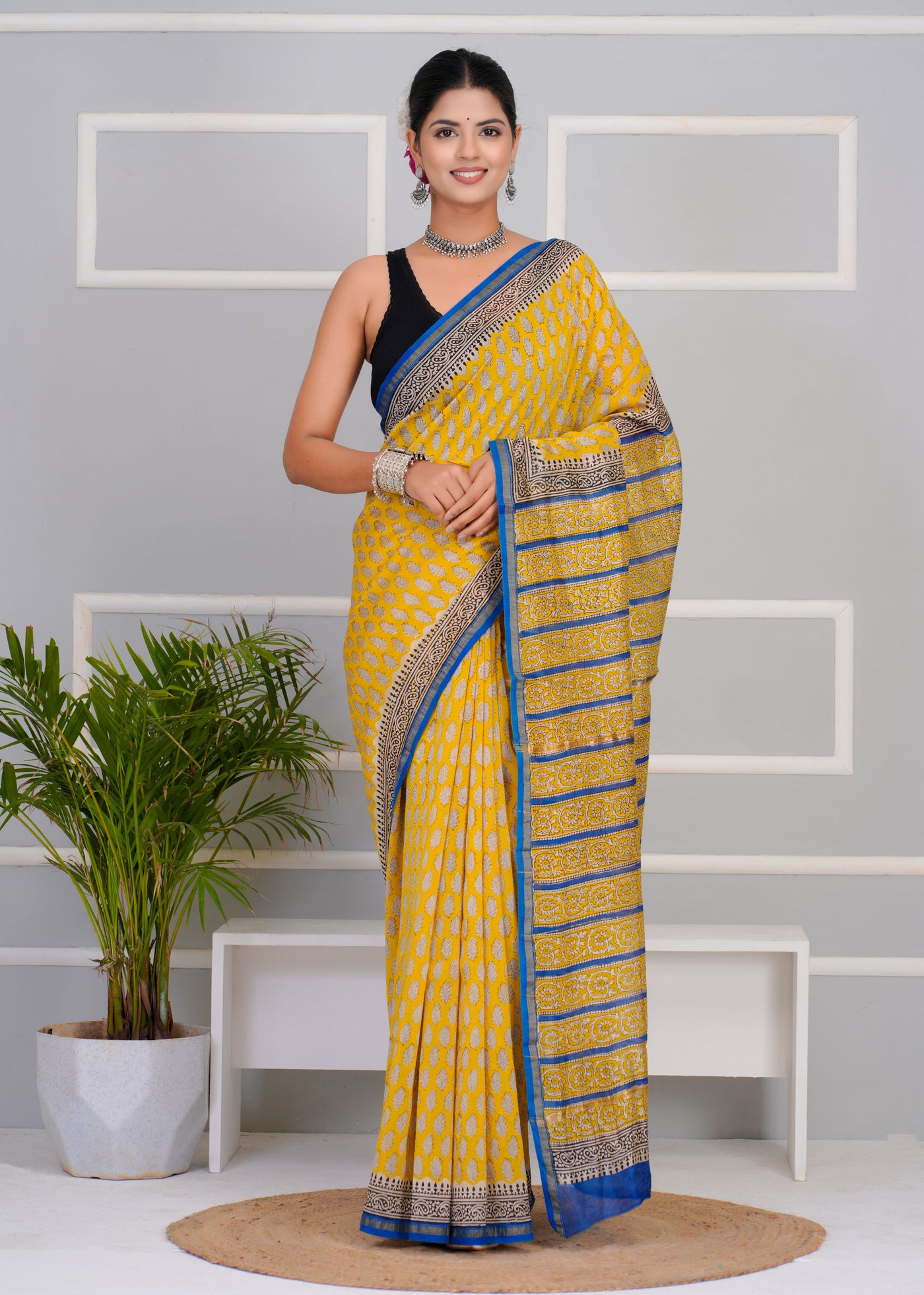 Chanderi Silk Bagru Print Saree with Zari Border ( BTSJ 701 )
