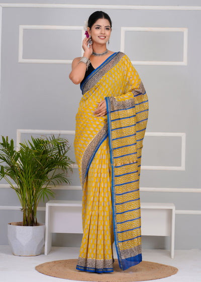 Chanderi Silk Bagru Print Saree with Zari Border ( BTSJ 701 )