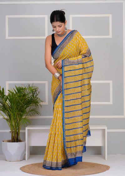 Chanderi Silk Bagru Print Saree with Zari Border ( BTSJ 701 )