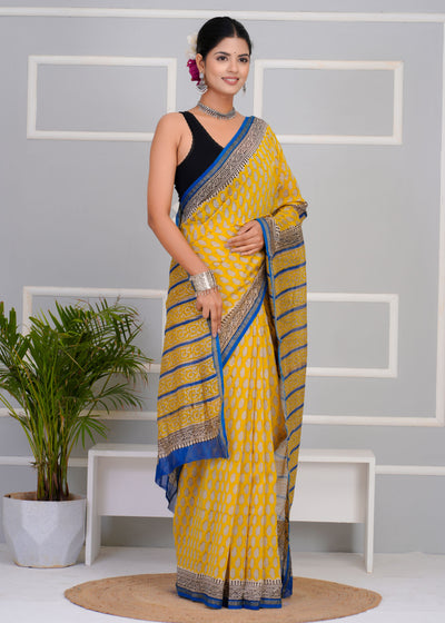 Chanderi Silk Bagru Print Saree with Zari Border ( BTSJ 701 )
