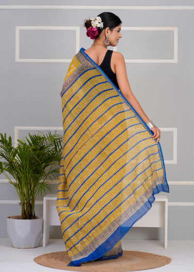 Chanderi Silk Bagru Print Saree with Zari Border ( BTSJ 701 )