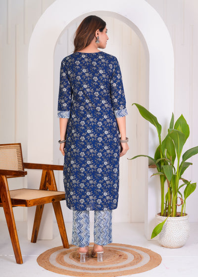 FLORAL ROYAL BLUE ETHNIC STITCHED COTTON SUIT WITH COTTON DUPATTA ( CT1053 )