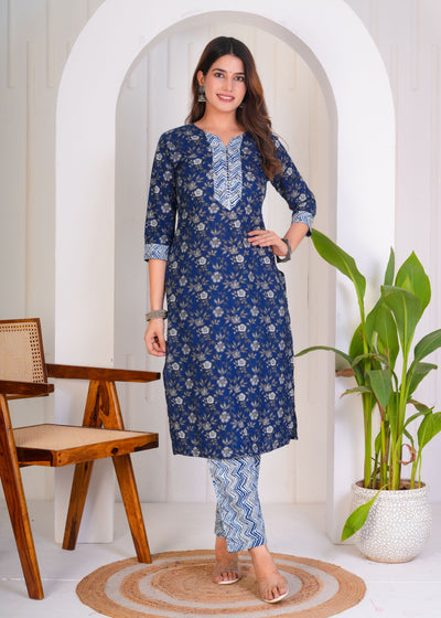 FLORAL ROYAL BLUE ETHNIC STITCHED COTTON SUIT WITH COTTON DUPATTA ( CT1053 )