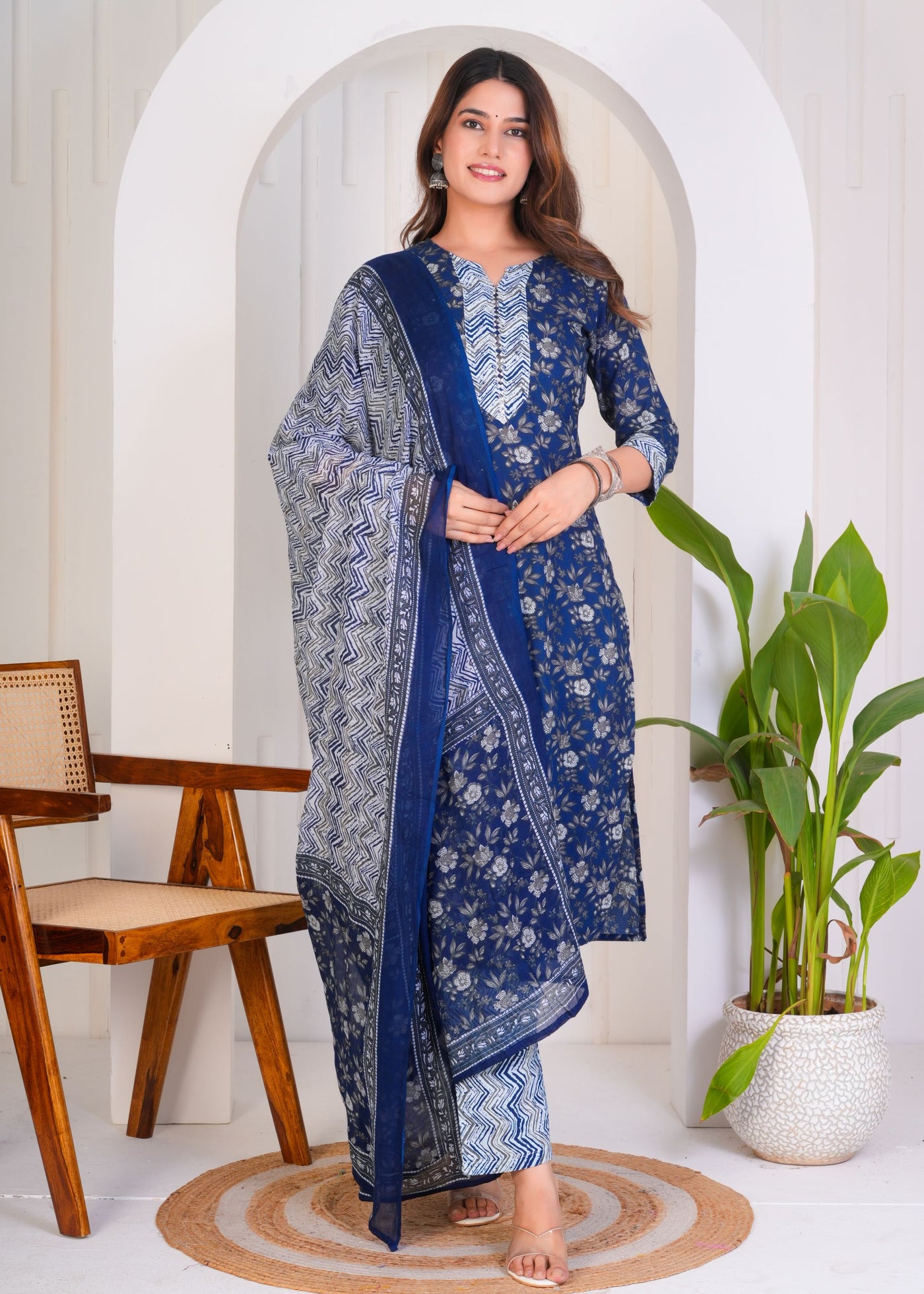 FLORAL ROYAL BLUE ETHNIC STITCHED COTTON SUIT WITH COTTON DUPATTA ( CT1053 )