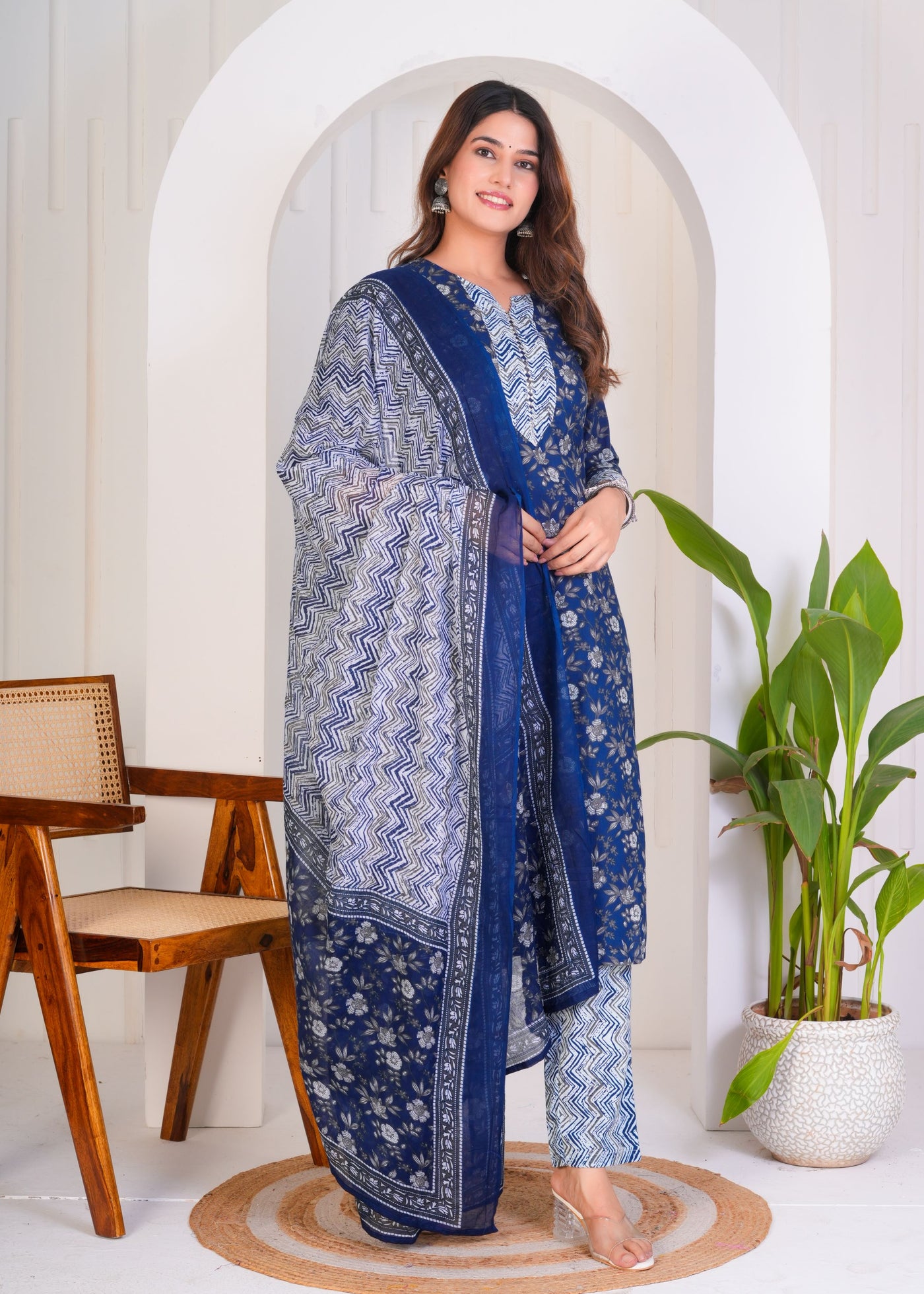FLORAL ROYAL BLUE ETHNIC STITCHED COTTON SUIT WITH COTTON DUPATTA ( CT1053 )