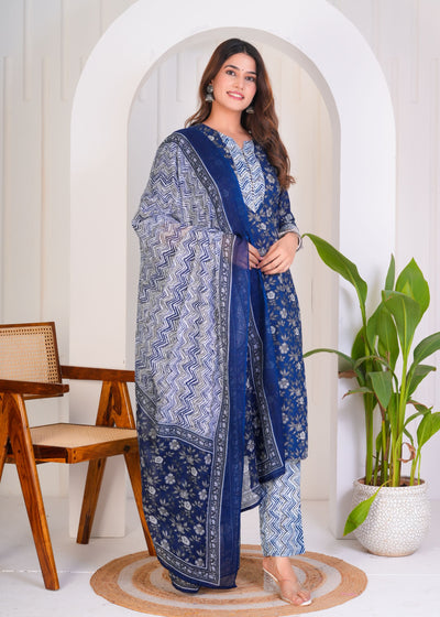 FLORAL ROYAL BLUE ETHNIC STITCHED COTTON SUIT WITH COTTON DUPATTA ( CT1053 )