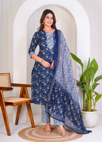 FLORAL ROYAL BLUE ETHNIC STITCHED COTTON SUIT WITH COTTON DUPATTA ( CT1053 )