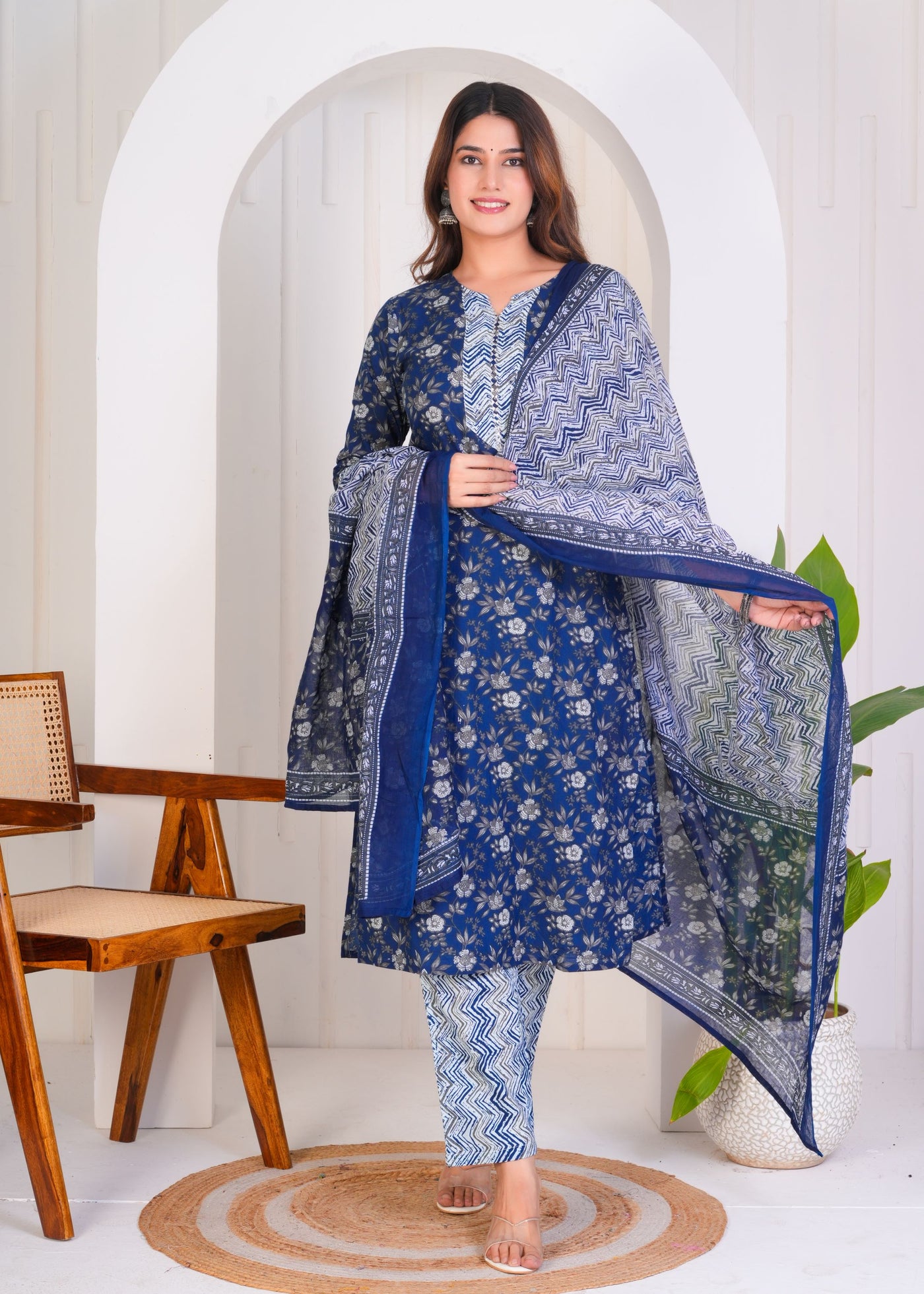 FLORAL ROYAL BLUE ETHNIC STITCHED COTTON SUIT WITH COTTON DUPATTA ( CT1053 )