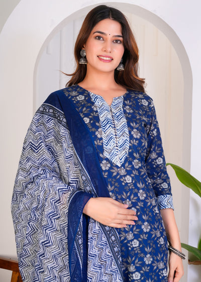 FLORAL ROYAL BLUE ETHNIC STITCHED COTTON SUIT WITH COTTON DUPATTA ( CT1053 )