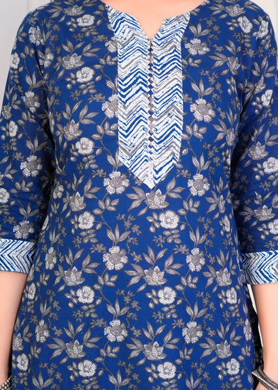 FLORAL ROYAL BLUE ETHNIC STITCHED COTTON SUIT WITH COTTON DUPATTA ( CT1053 )