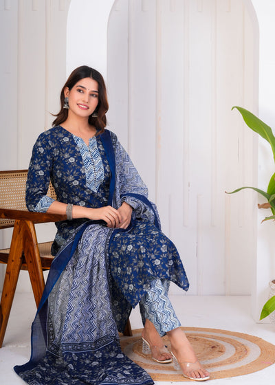 FLORAL ROYAL BLUE ETHNIC STITCHED COTTON SUIT WITH COTTON DUPATTA ( CT1053 )