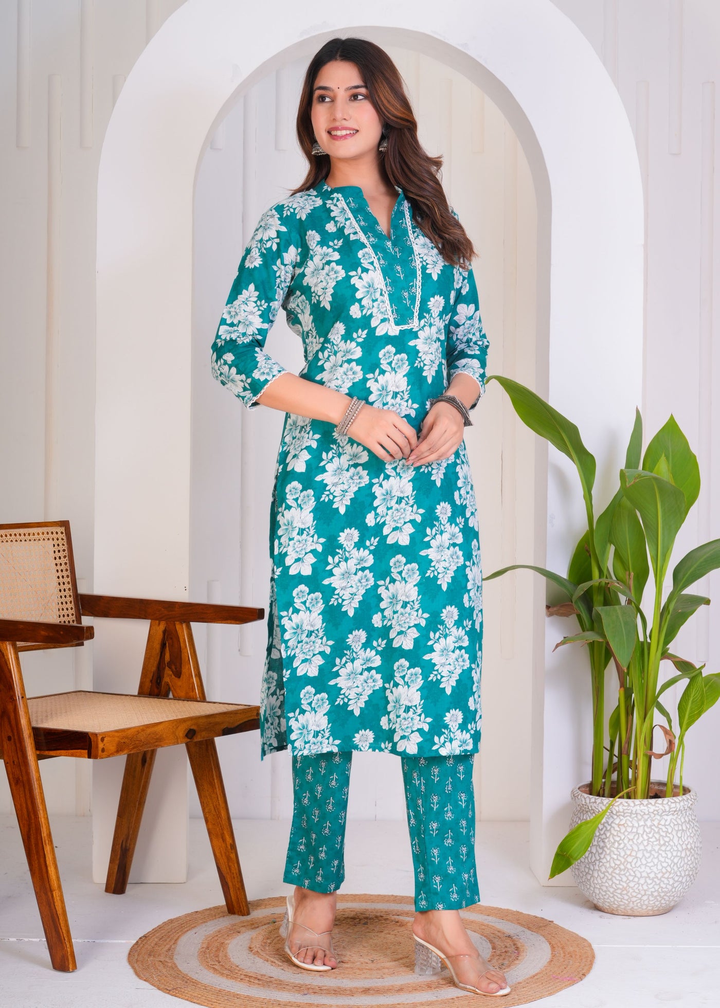 BEAUTIFUL TEAL GREEN ETHNIC STITCHED COTTON SUIT WITH COTTON DUPATTA ( CT1052 )