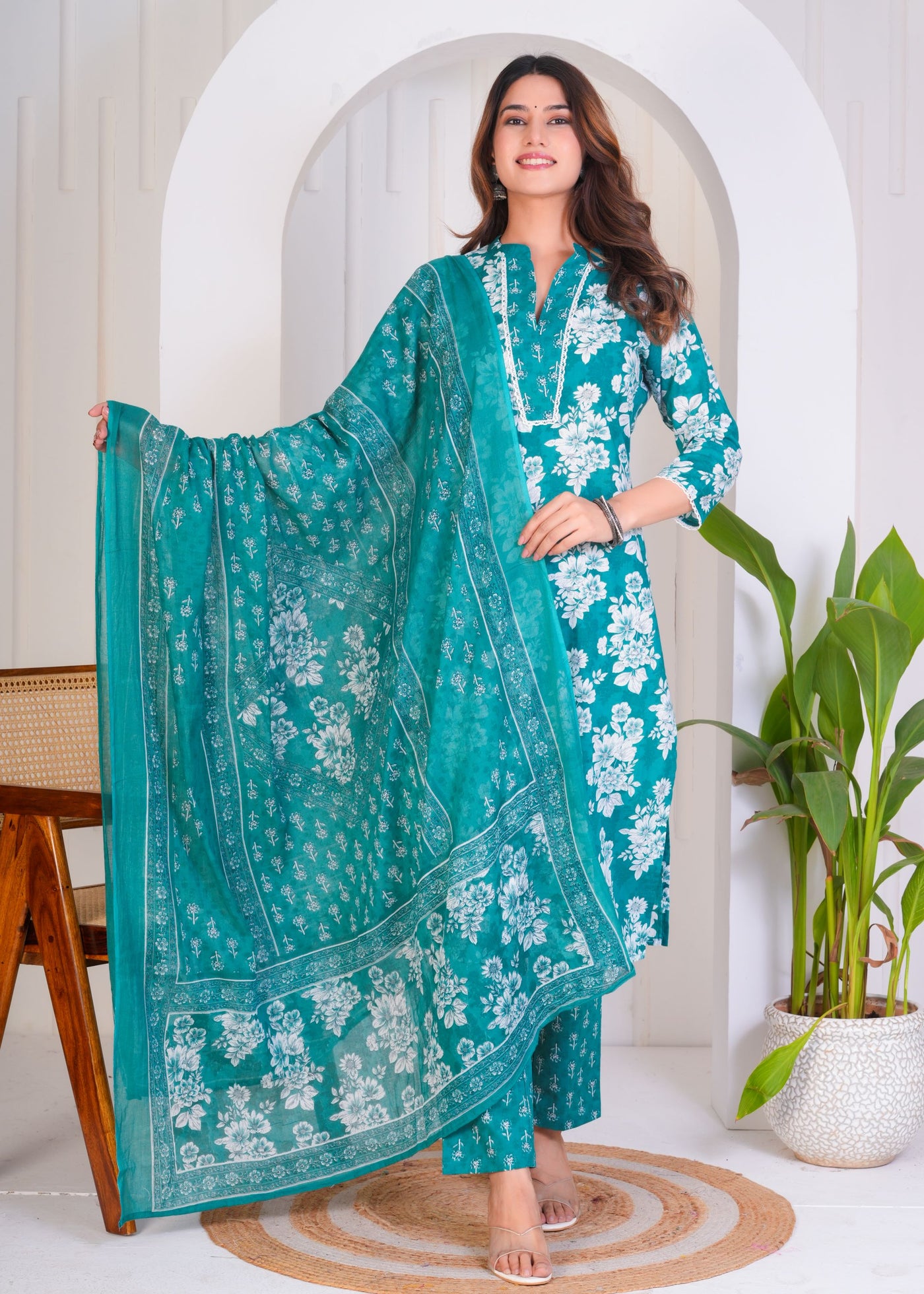 BEAUTIFUL TEAL GREEN ETHNIC STITCHED COTTON SUIT WITH COTTON DUPATTA ( CT1052 )