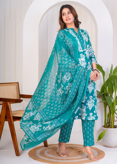BEAUTIFUL TEAL GREEN ETHNIC STITCHED COTTON SUIT WITH COTTON DUPATTA ( CT1052 )