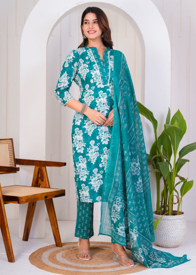 BEAUTIFUL TEAL GREEN ETHNIC STITCHED COTTON SUIT WITH COTTON DUPATTA ( CT1052 )