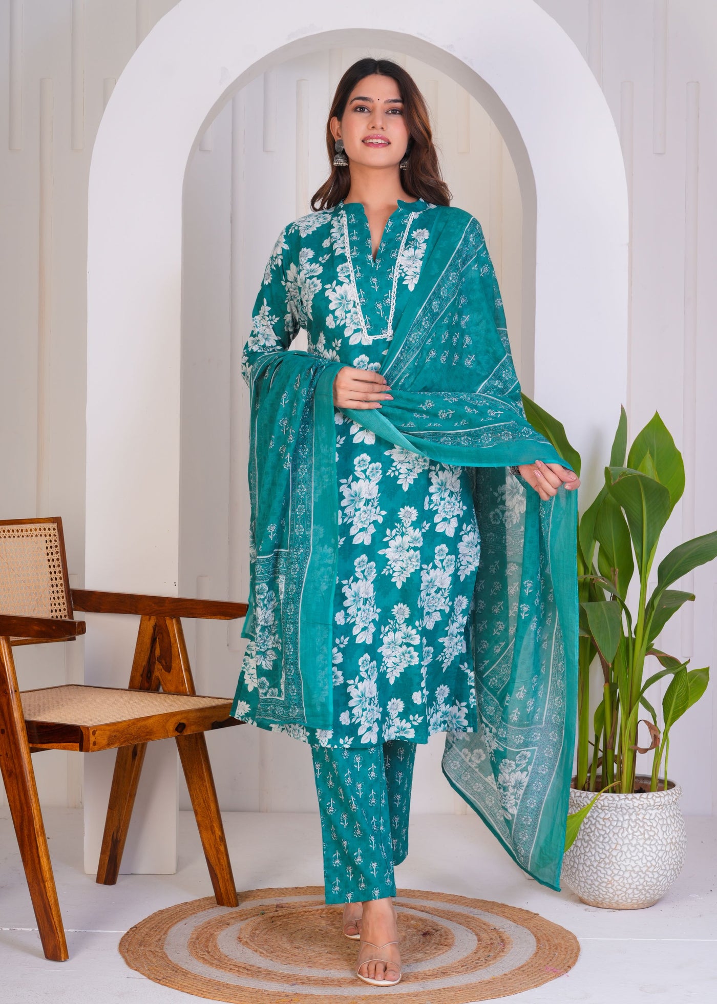 BEAUTIFUL TEAL GREEN ETHNIC STITCHED COTTON SUIT WITH COTTON DUPATTA ( CT1052 )