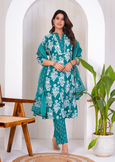 BEAUTIFUL TEAL GREEN ETHNIC STITCHED COTTON SUIT WITH COTTON DUPATTA ( CT1052 )