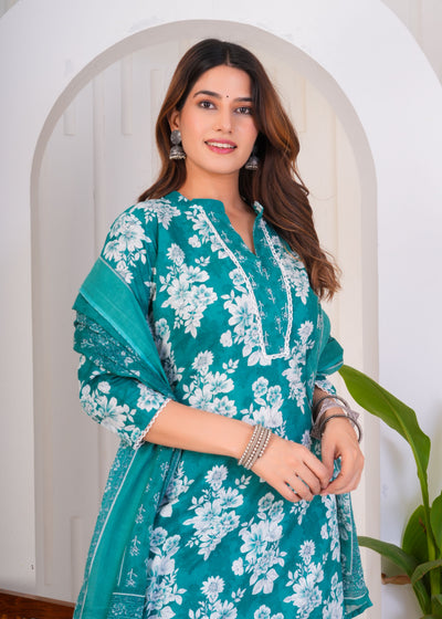 BEAUTIFUL TEAL GREEN ETHNIC STITCHED COTTON SUIT WITH COTTON DUPATTA ( CT1052 )