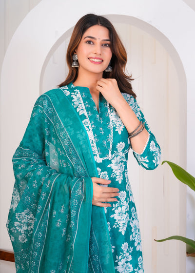 BEAUTIFUL TEAL GREEN ETHNIC STITCHED COTTON SUIT WITH COTTON DUPATTA ( CT1052 )