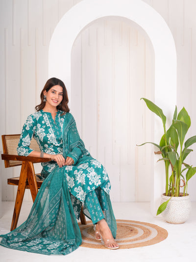 BEAUTIFUL TEAL GREEN ETHNIC STITCHED COTTON SUIT WITH COTTON DUPATTA ( CT1052 )