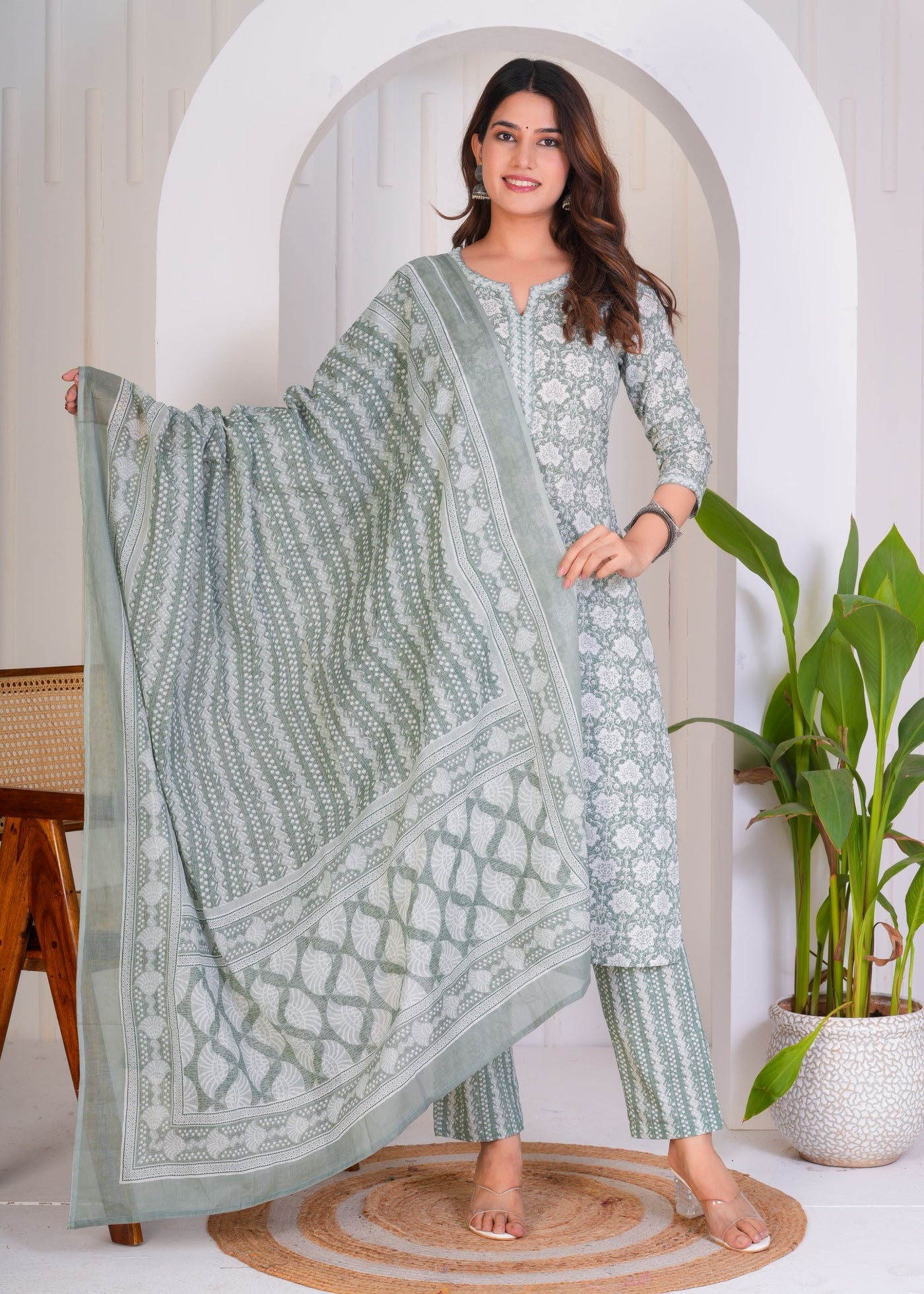 CALM GREEN ETHNIC STITCHED COTTON SUIT WITH COTTON DUPATTA ( CT1051 )