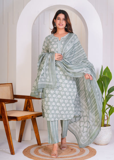 CALM GREEN ETHNIC STITCHED COTTON SUIT WITH COTTON DUPATTA ( CT1051 )