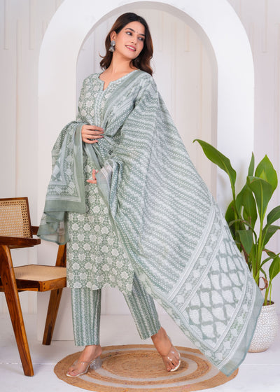 CALM GREEN ETHNIC STITCHED COTTON SUIT WITH COTTON DUPATTA ( CT1051 )
