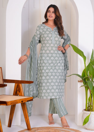CALM GREEN ETHNIC STITCHED COTTON SUIT WITH COTTON DUPATTA ( CT1051 )