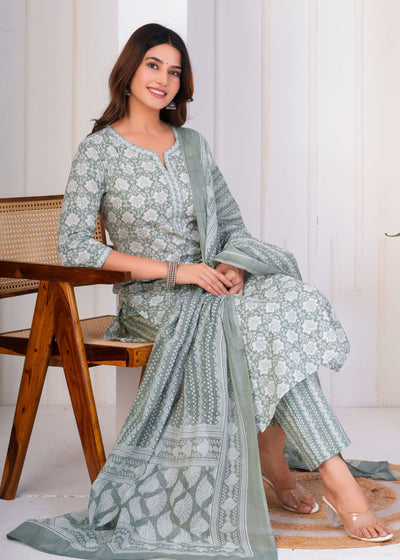 CALM GREEN ETHNIC STITCHED COTTON SUIT WITH COTTON DUPATTA ( CT1051 )