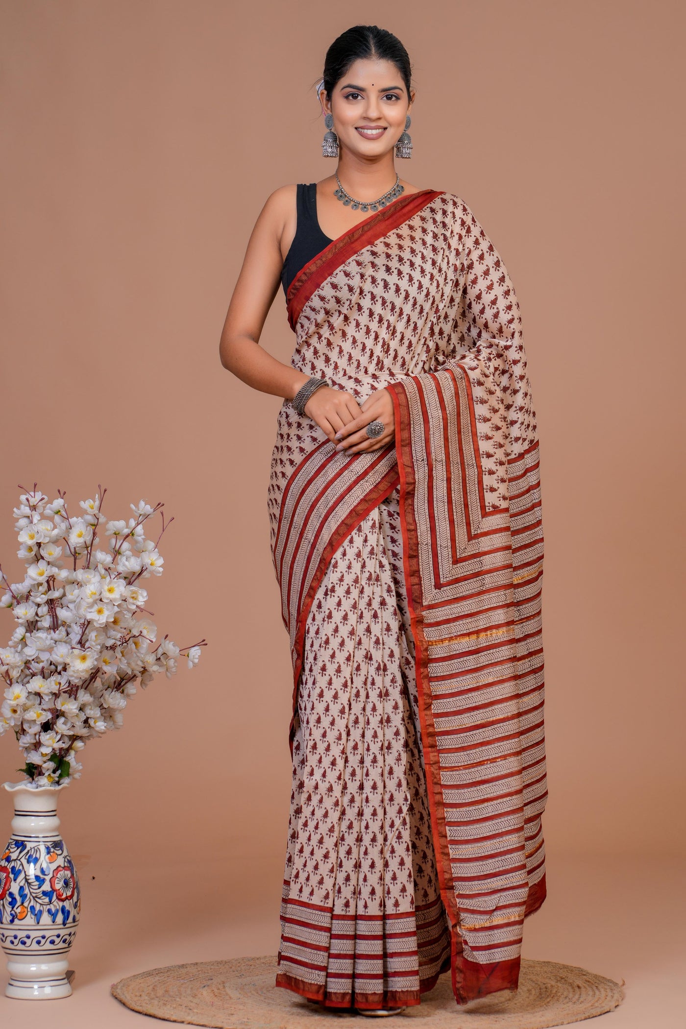 Chanderi Silk Bagru Print Saree with Zari Border ( CS61106)