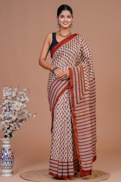 Chanderi Silk Bagru Print Saree with Zari Border ( CS61106)