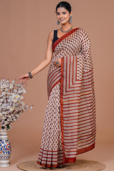 Chanderi Silk Bagru Print Saree with Zari Border ( CS61106)