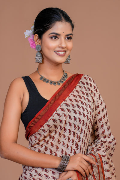 Chanderi Silk Bagru Print Saree with Zari Border ( CS61106)