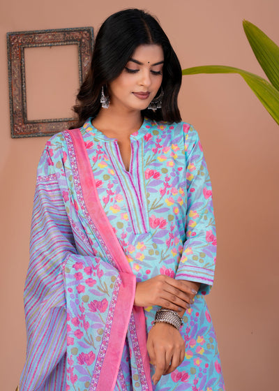 ETHENIC FLORAL CYAN STITCHED COTTON SUIT WITH COTTON DUPATTA ( CT1016 )