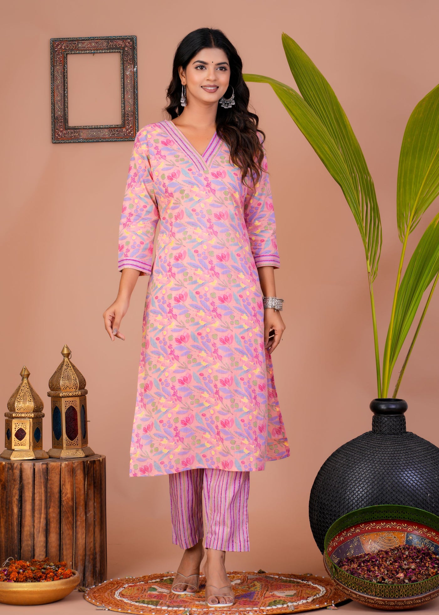 ETHENIC FLORAL PEACH STITCHED COTTON SUIT WITH COTTON DUPATTA ( CT1013 )