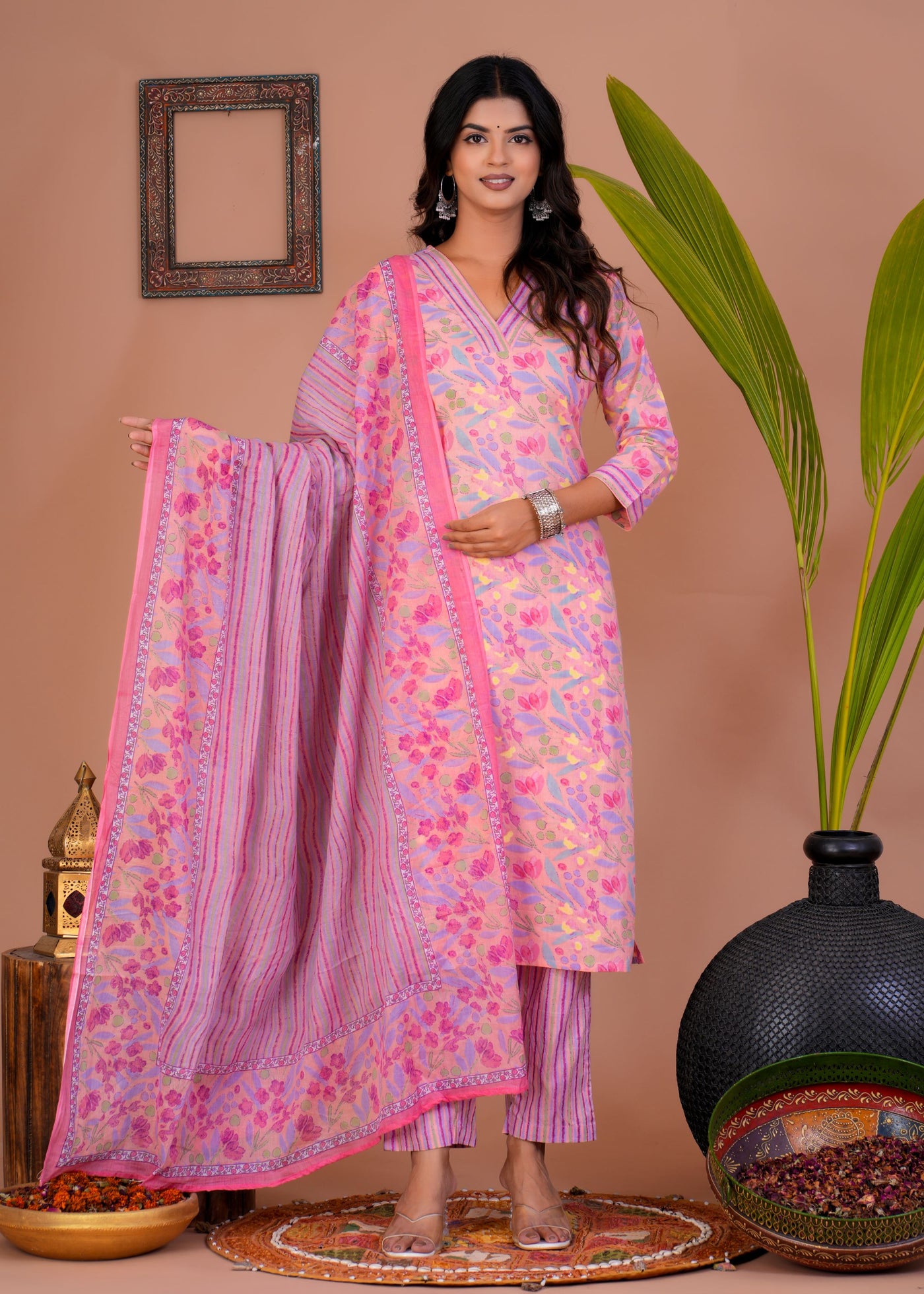 ETHENIC FLORAL PEACH STITCHED COTTON SUIT WITH COTTON DUPATTA ( CT1013 )