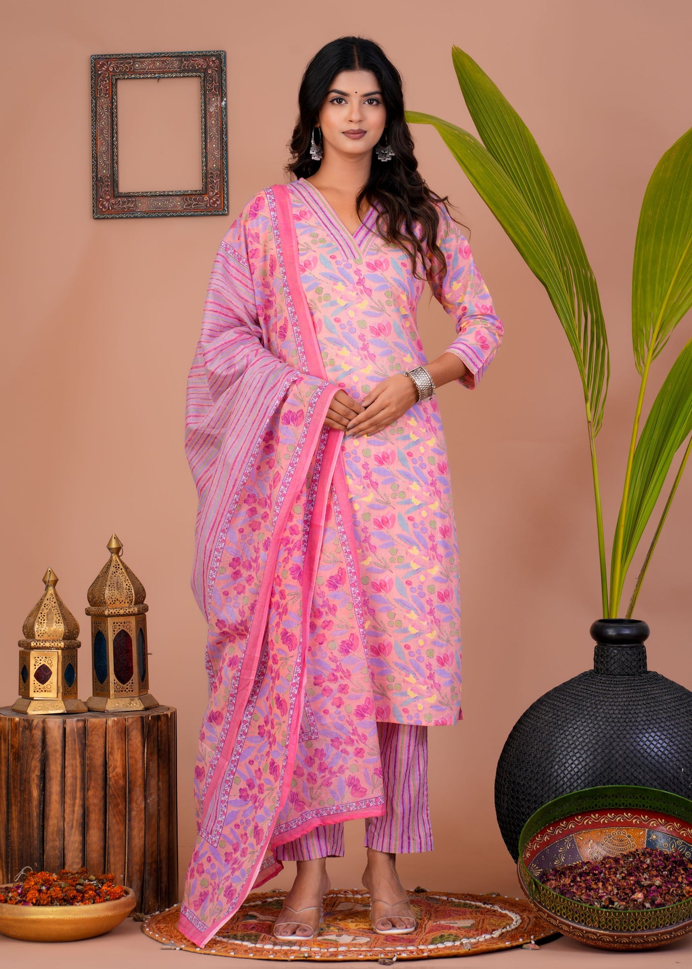 ETHENIC FLORAL PEACH STITCHED COTTON SUIT WITH COTTON DUPATTA ( CT1013 )