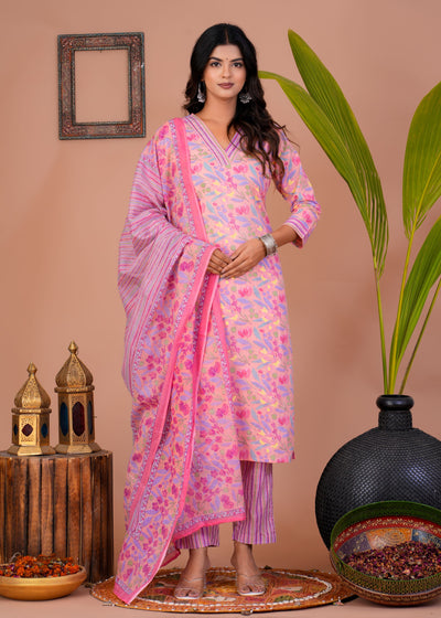 ETHENIC FLORAL PEACH STITCHED COTTON SUIT WITH COTTON DUPATTA ( CT1013 )