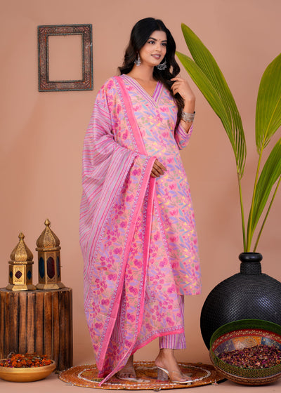 ETHENIC FLORAL PEACH STITCHED COTTON SUIT WITH COTTON DUPATTA ( CT1013 )
