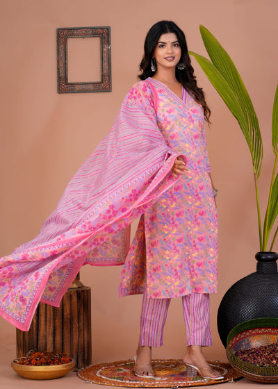 ETHENIC FLORAL PEACH STITCHED COTTON SUIT WITH COTTON DUPATTA ( CT1013 )