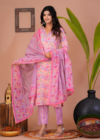 ETHENIC FLORAL PEACH STITCHED COTTON SUIT WITH COTTON DUPATTA ( CT1013 )