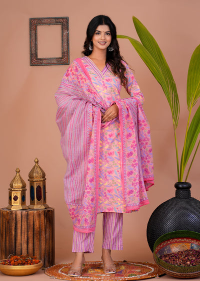 ETHENIC FLORAL PEACH STITCHED COTTON SUIT WITH COTTON DUPATTA ( CT1013 )
