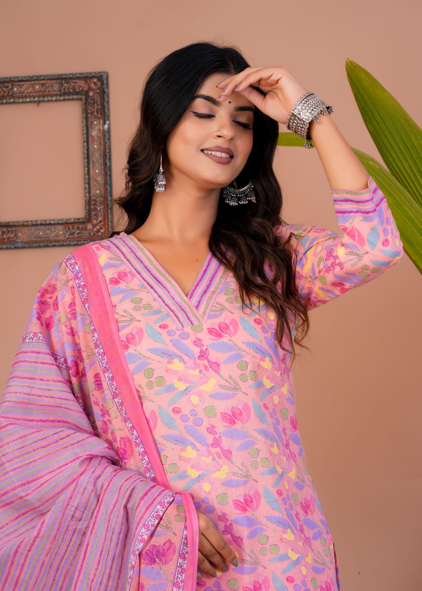 ETHENIC FLORAL PEACH STITCHED COTTON SUIT WITH COTTON DUPATTA ( CT1013 )