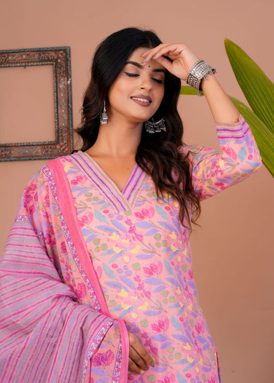 ETHENIC FLORAL PEACH STITCHED COTTON SUIT WITH COTTON DUPATTA ( CT1013 )