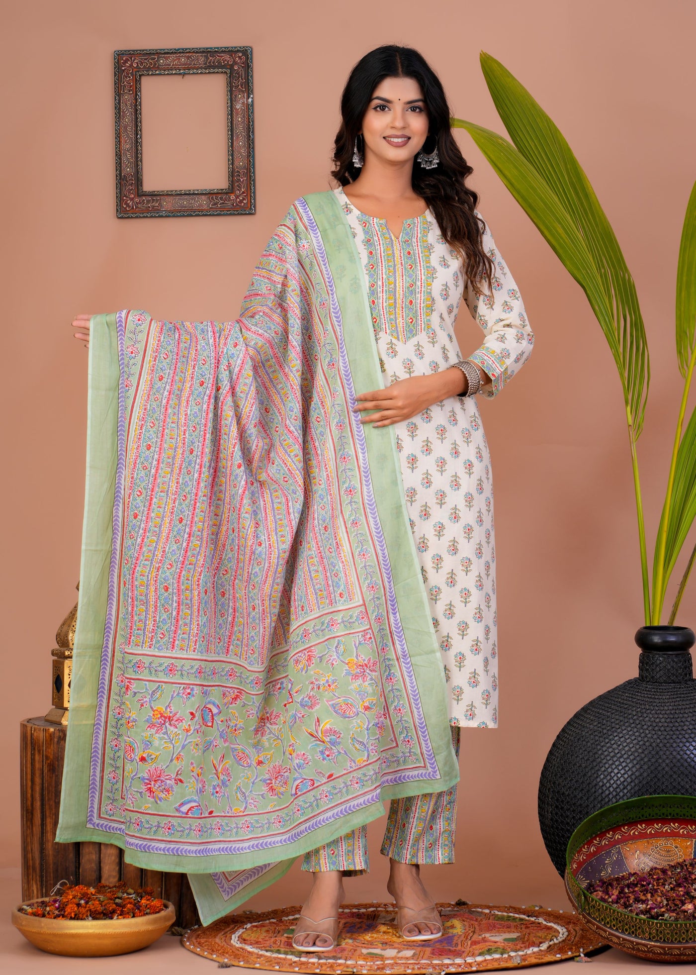 ELEGANT WHITE BOOTI STITCHED COTTON SUIT WITH COTTON DUPATTA ( CT1011 )