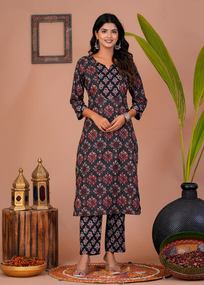 ETHENIC BAGRU BLACK STITCHED COTTON SUIT WITH COTTON DUPATTA ( BTSJ 9014 )