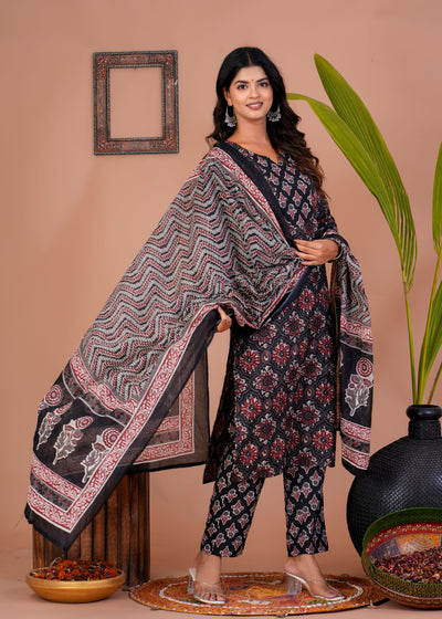 ETHENIC BAGRU BLACK STITCHED COTTON SUIT WITH COTTON DUPATTA ( BTSJ 9014 )