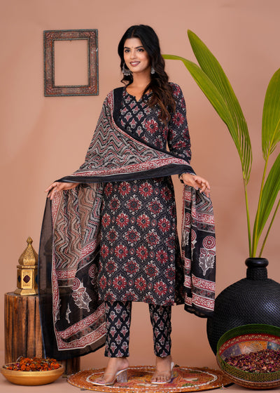 ETHENIC BAGRU BLACK STITCHED COTTON SUIT WITH COTTON DUPATTA ( BTSJ 9014 )